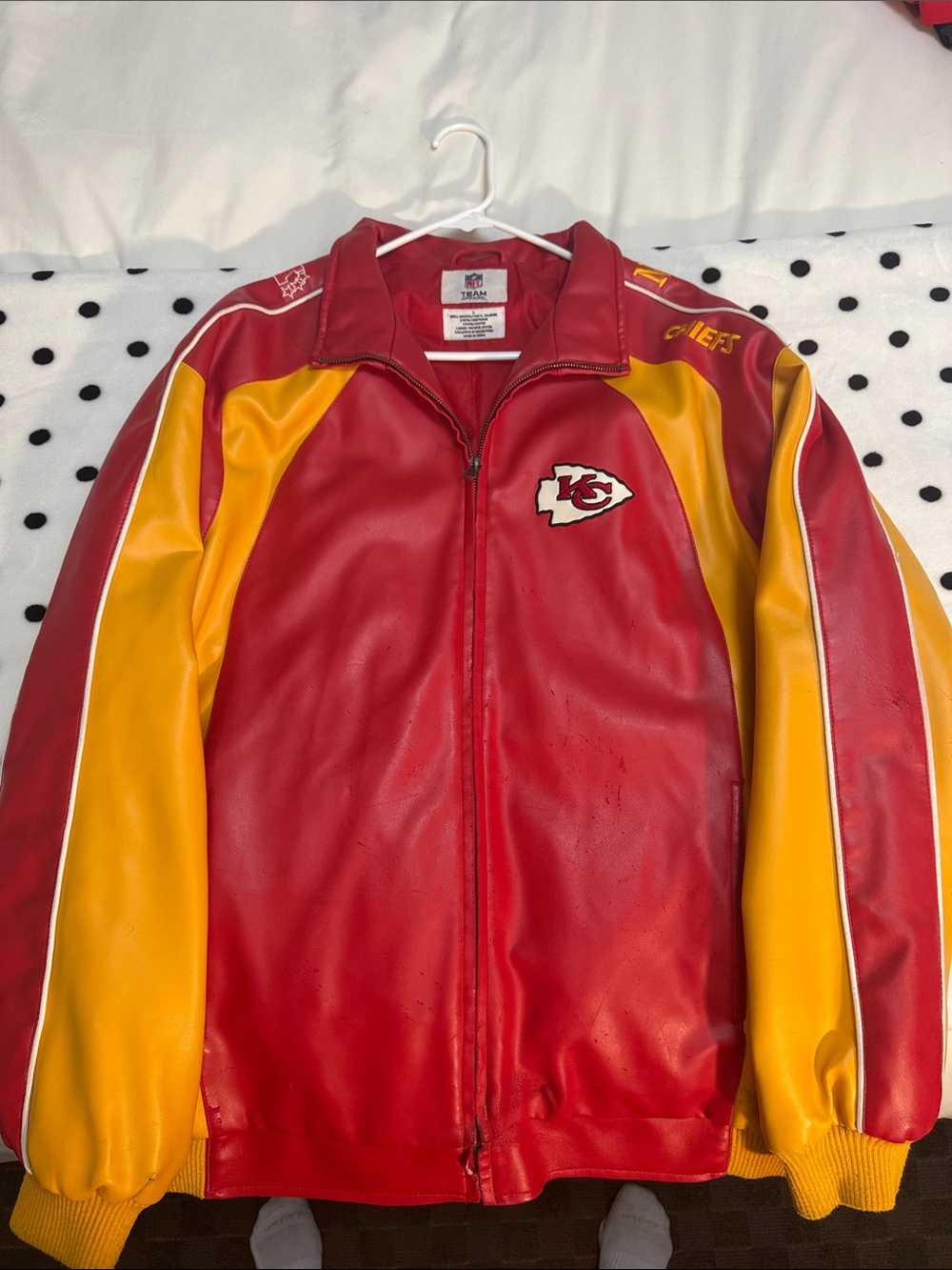 NFL Red Leather Bomber Jacket with Gold Zipper Detail